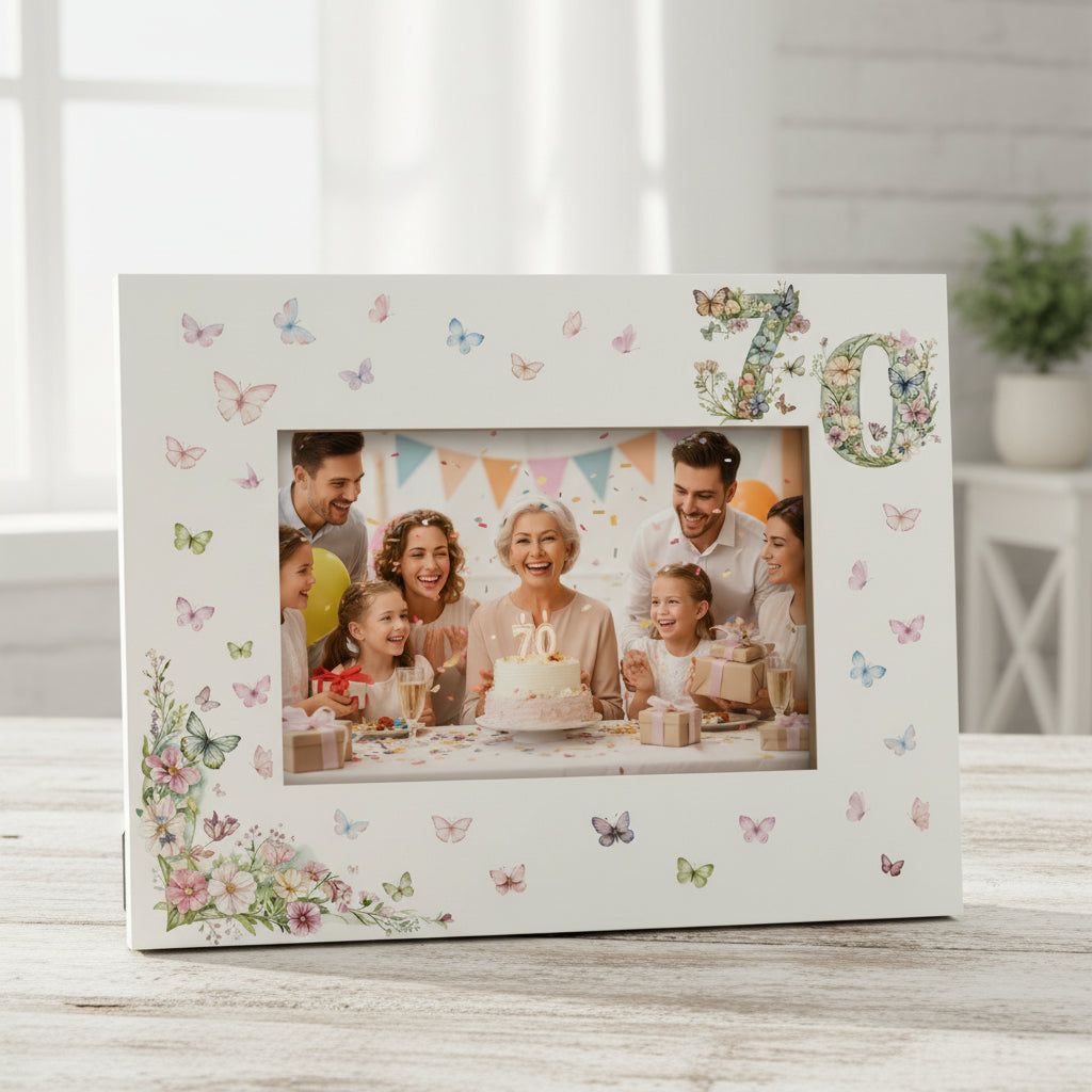 70th Birthday Photo Picture Frame Gift For Her With Butterflies and Flowers Photo Frame ukgiftstoreonline Landscape