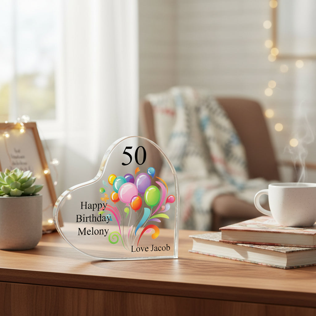 Personalised 50th Birthday Balloon Heart Block In Gift Box Personalised Plaque Gift ukgiftstoreonline