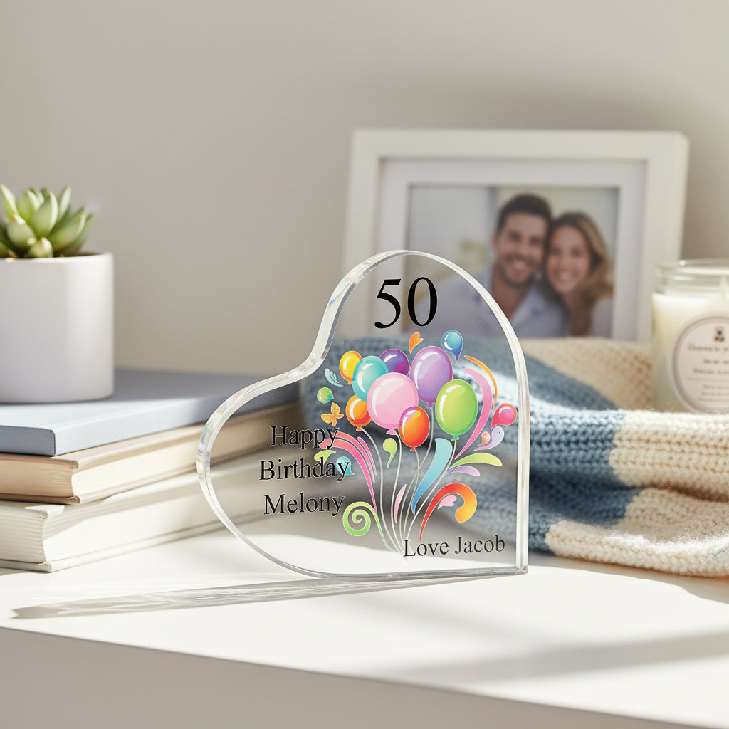 Personalised 50th Birthday Balloon Heart Block In Gift Box Personalised Plaque Gift ukgiftstoreonline