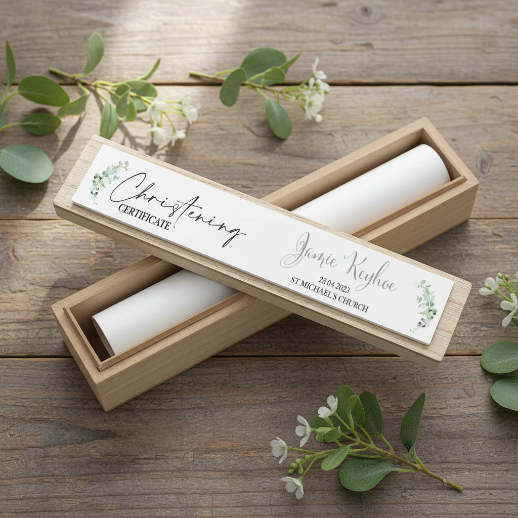 Personalised Christening Day Vintage Style Wooden Certificate Holder Birth certificate holder ukgiftstoreonline