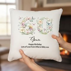 60th Birthday Gift For Her Personalised Cushion With Butterflies and Flowers Personalised Cushion Gifts ukgiftstoreonline