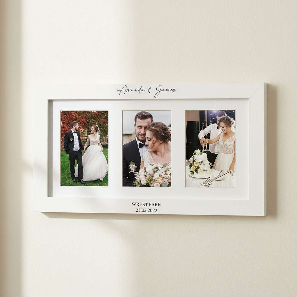 Personalised White Wooden Wedding Triple Photo 6 x 4 Frame Gift Photo Frame ukgiftstoreonline