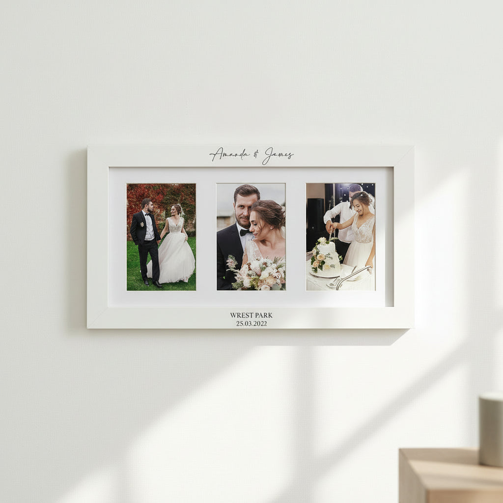 Personalised White Wooden Wedding Triple Photo 6 x 4 Frame Gift Photo Frame ukgiftstoreonline