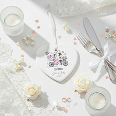 Personalised Just Married Wedding porcelain heart gift with ribbon Personalised Heart Gifts ukgiftstoreonline