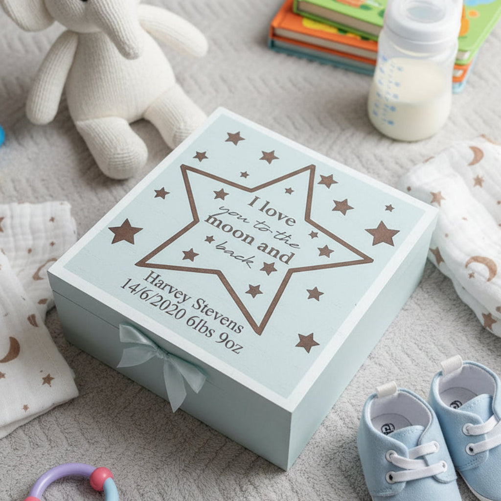Personalised Baby Boy Blue Memories Engraved Wooden Keepsake Box Love You To The Moon Keepsake Memory Box Baby Keepsakes