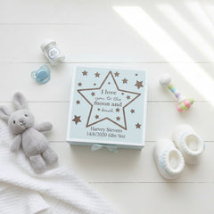 Personalised Baby Boy Blue Memories Engraved Wooden Keepsake Box Love You To The Moon Keepsake Memory Box Baby Keepsakes