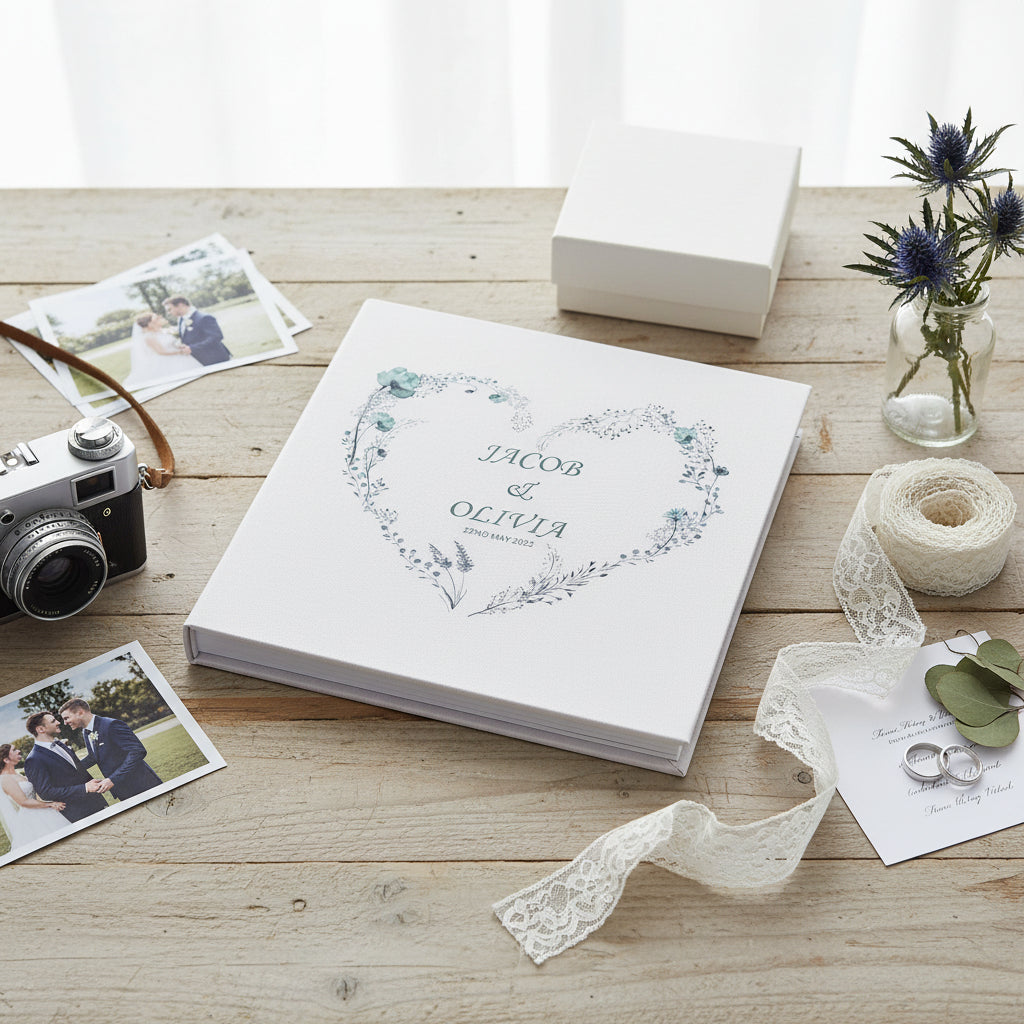 Personalised Large Linen Cover Wedding Photo Album Dusty Blue Heart photo album ukgiftstoreonline