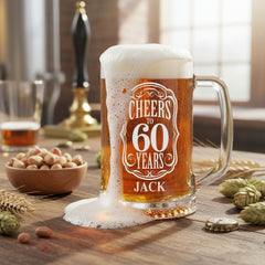 Personalised Cheers To Beer Glass Engraved For 60th Birthday With Custom Name
