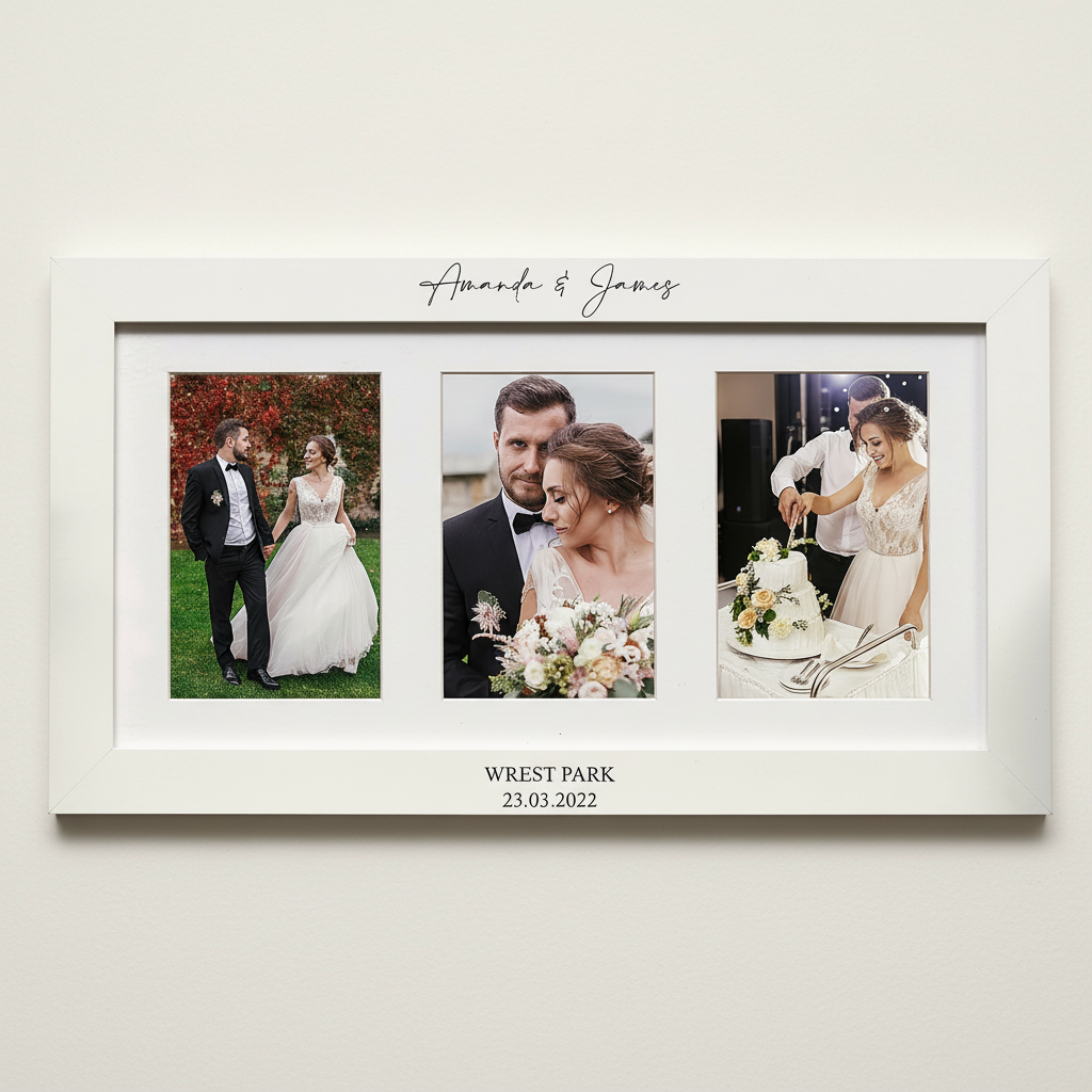 Personalised White Wooden Wedding Triple Photo 6 x 4 Frame Gift Photo Frame ukgiftstoreonline
