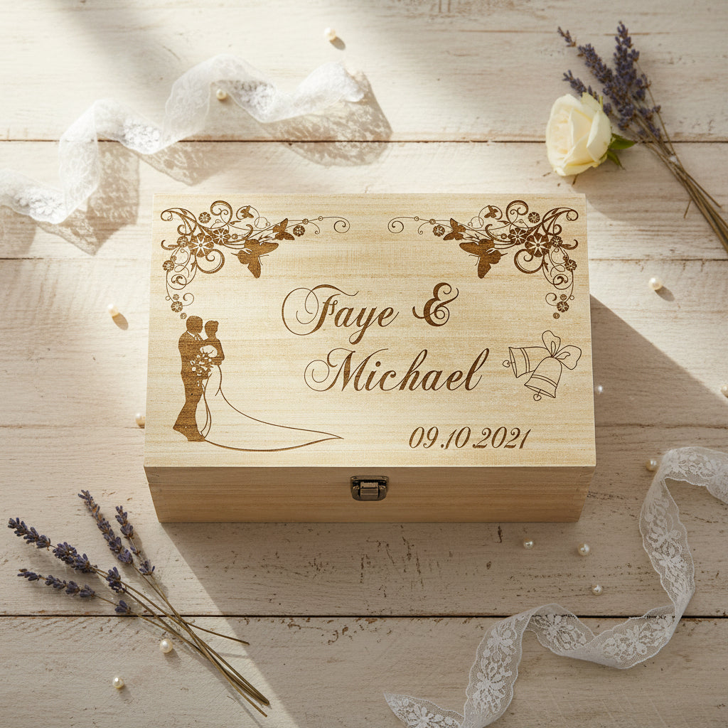 Personalised Large Wedding Floral Design Wooden Memories Keepsake Box Keepsake Memory Box Raised Words