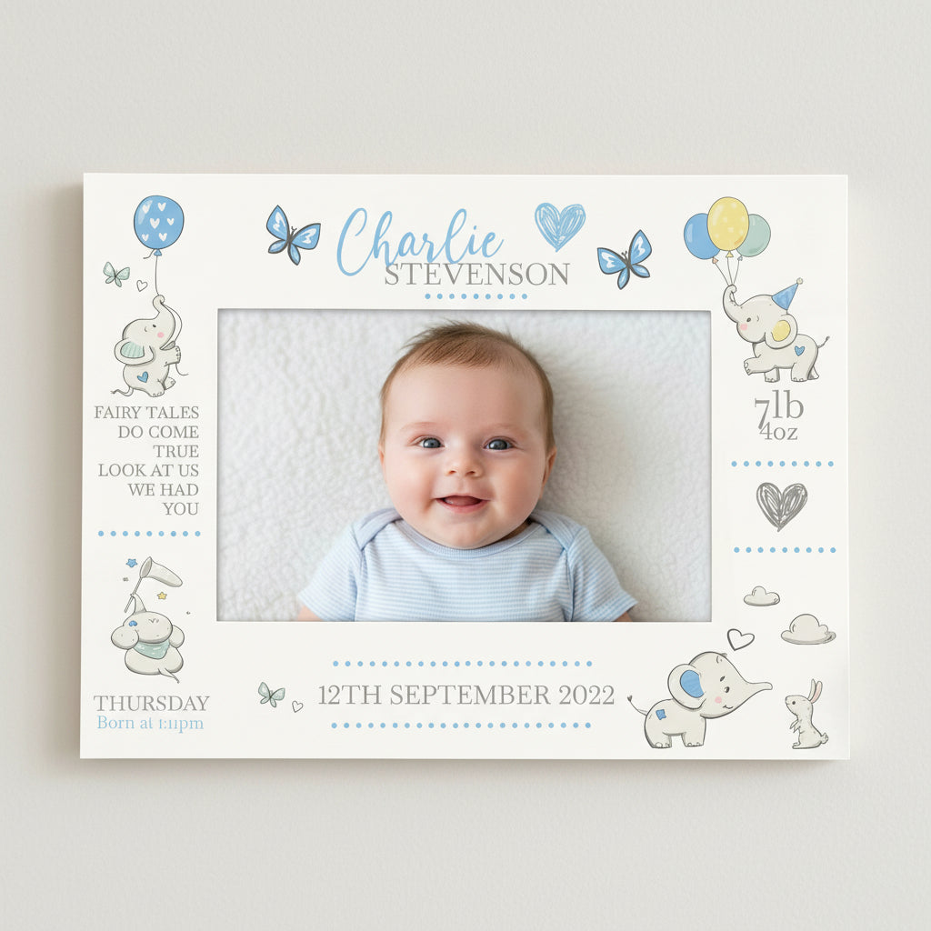 Personalised Baby Boy Photo Frame With Birth Details and Cute Elephant Photo Frame ukgiftstoreonline