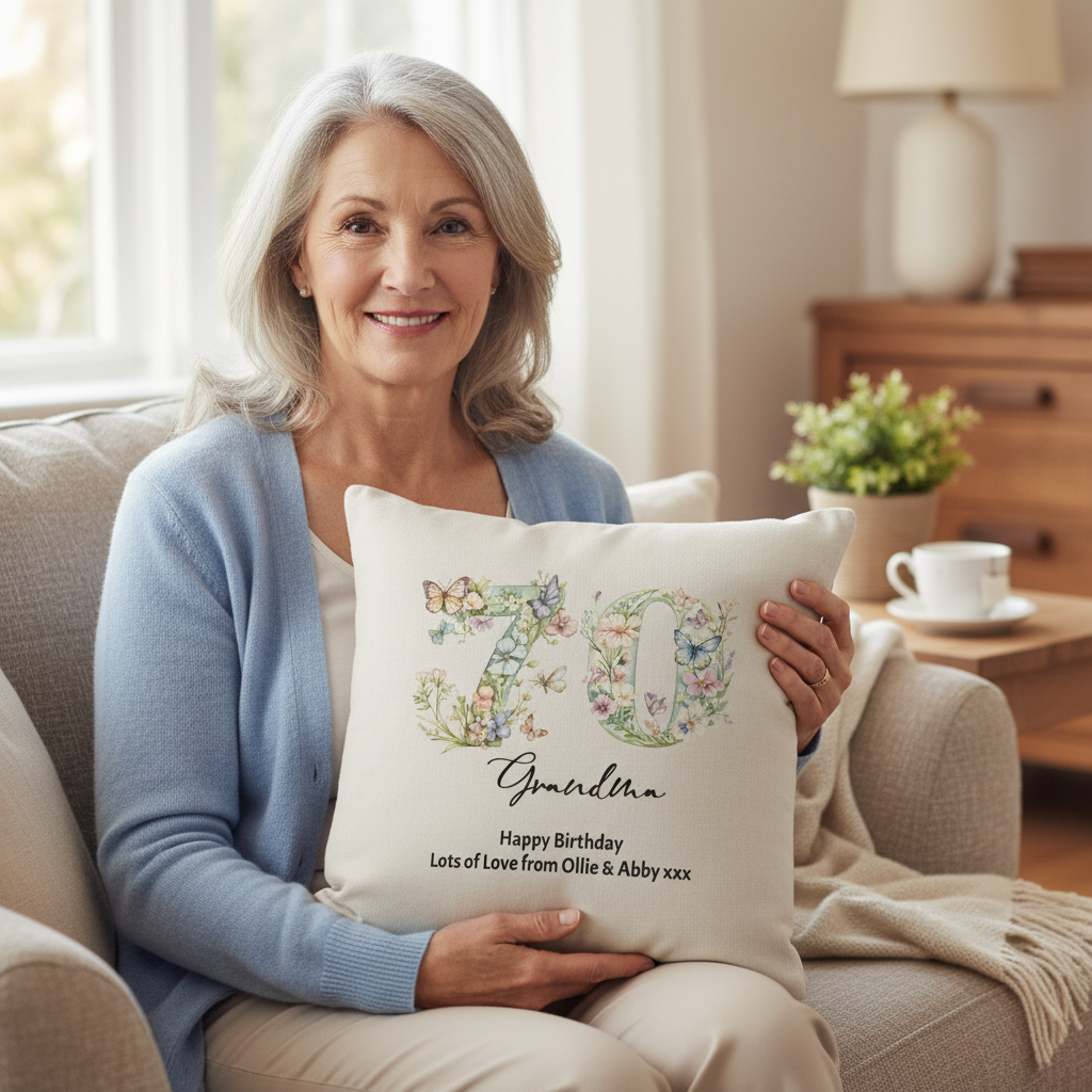 70th Birthday Gift For Her Personalised Cushion With Butterflies and Flowers Personalised Cushion Gifts ukgiftstoreonline