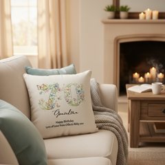 70th Birthday Gift For Her Personalised Cushion With Butterflies and Flowers Personalised Cushion Gifts ukgiftstoreonline
