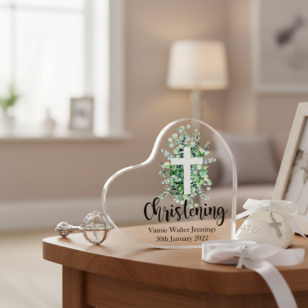 Personalised Christening Heart Block With Green Leaf Cross In Gift Box Personalised Plaque Gift ukgiftstoreonline