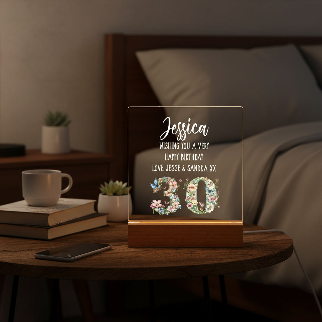 Personalised 30th birthday Gift For Her LED Light With Flowers and Butterflies Personalised Heart Gifts ukgiftstoreonline