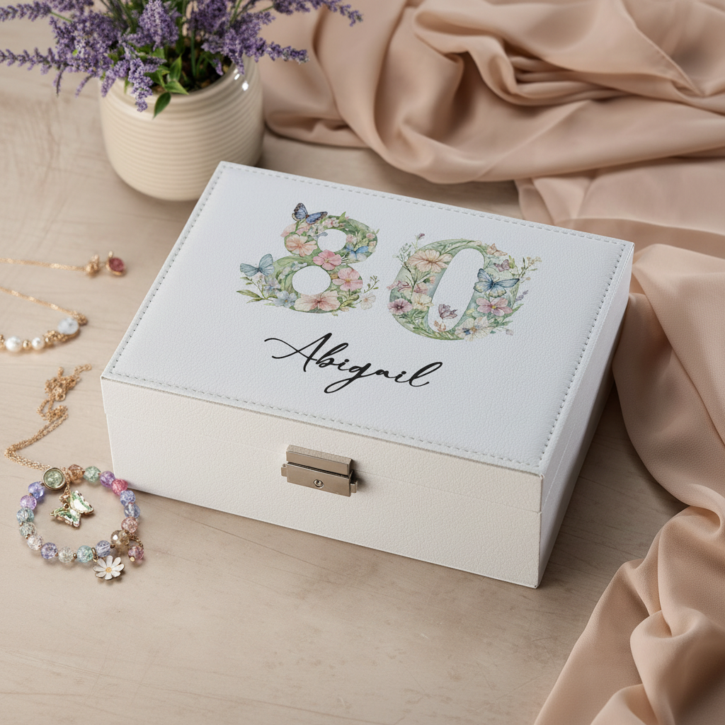 Personalised 80th Birthday Jewellery Box Gift For Her With Butterflies and Flowers