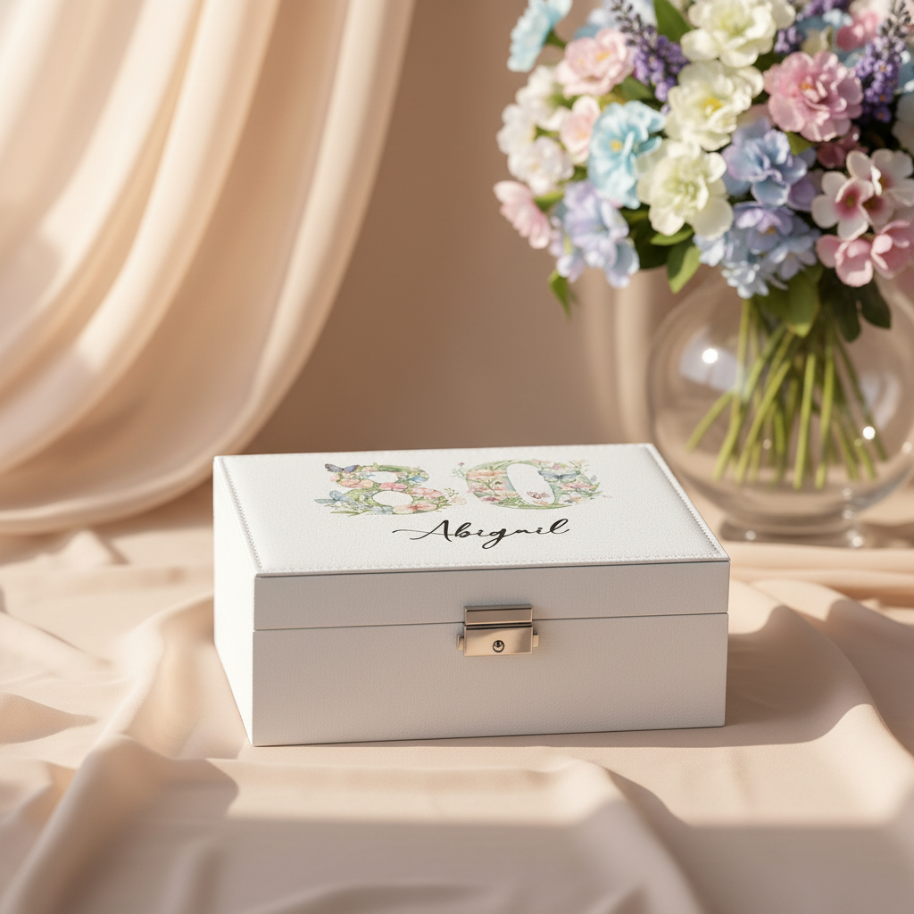 Personalised 80th Birthday Jewellery Box Gift For Her With Butterflies and Flowers