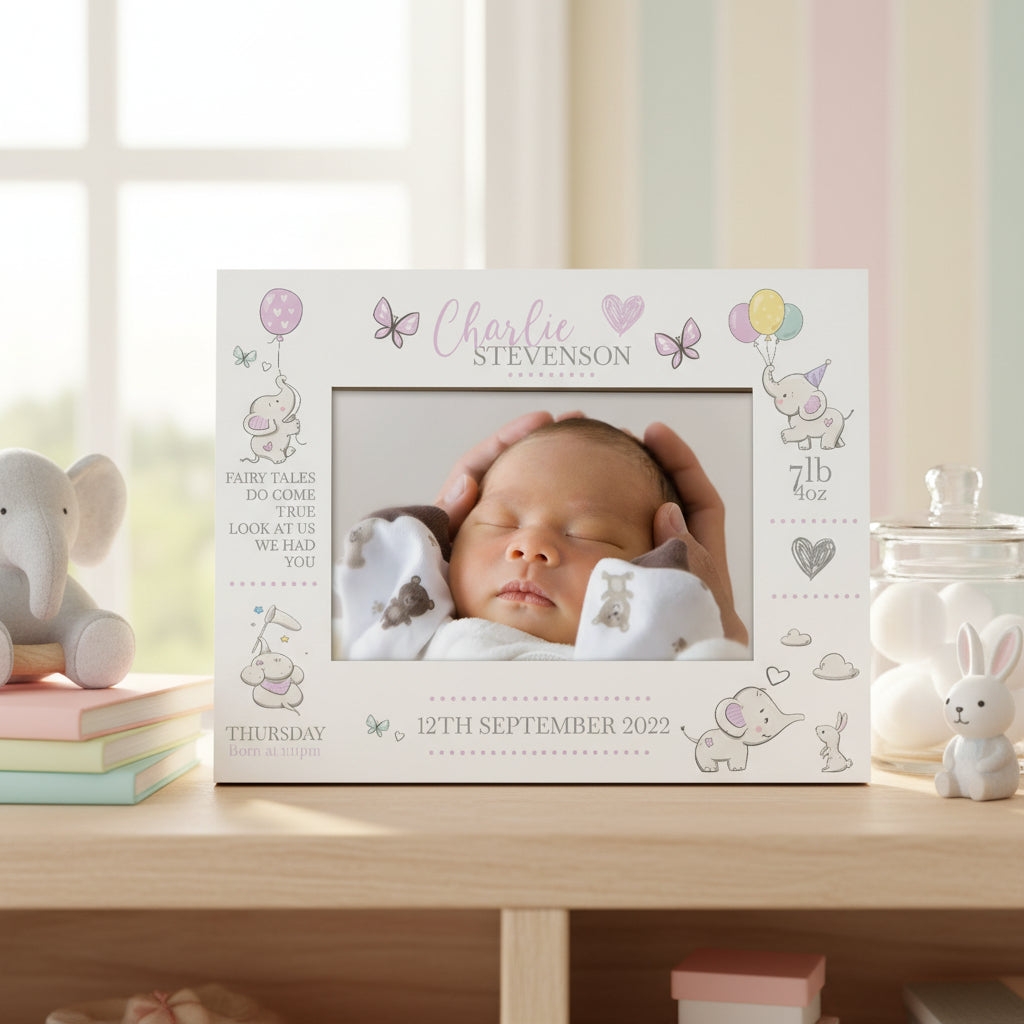 Personalised Baby Girl Photo Frame With Birth Details and Cute Elephant Photo Frame ukgiftstoreonline