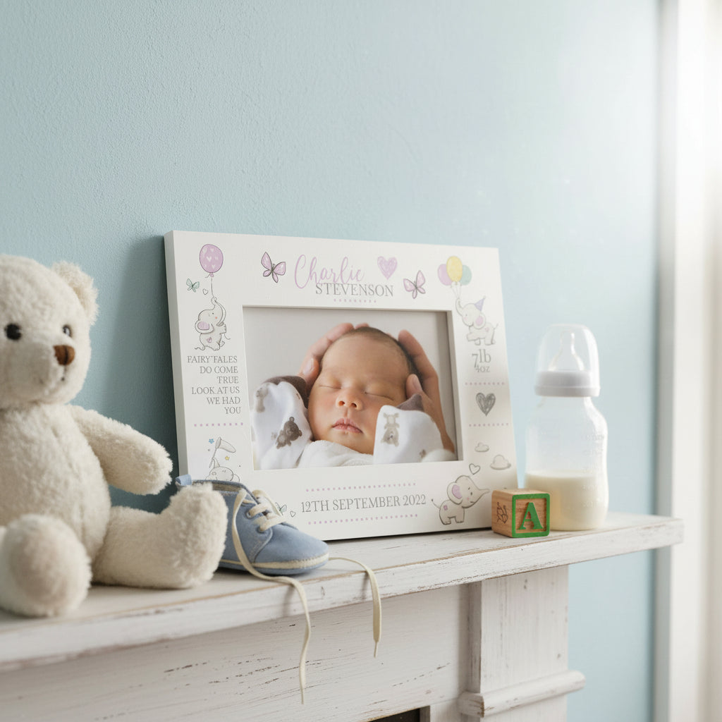 Personalised Baby Girl Photo Frame With Birth Details and Cute Elephant Photo Frame ukgiftstoreonline