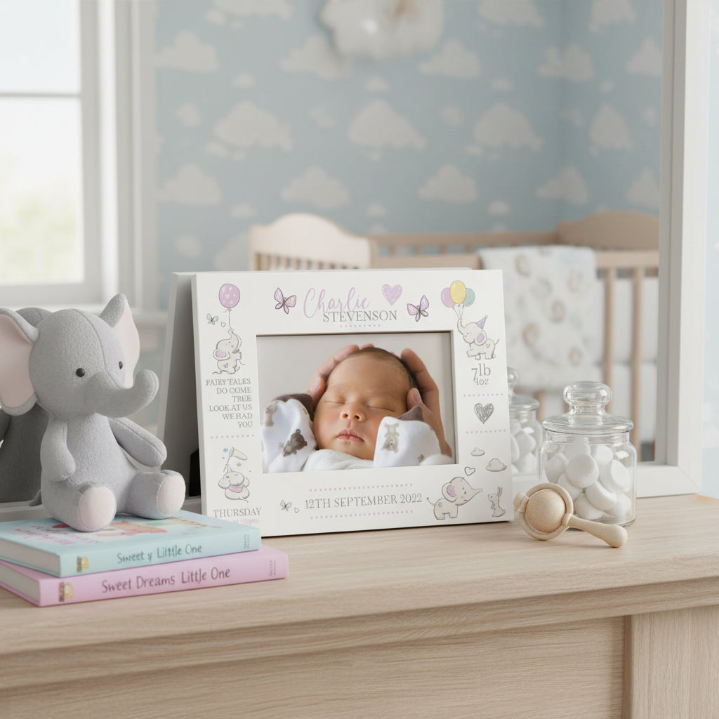 Personalised Baby Girl Photo Frame With Birth Details and Cute Elephant Photo Frame ukgiftstoreonline