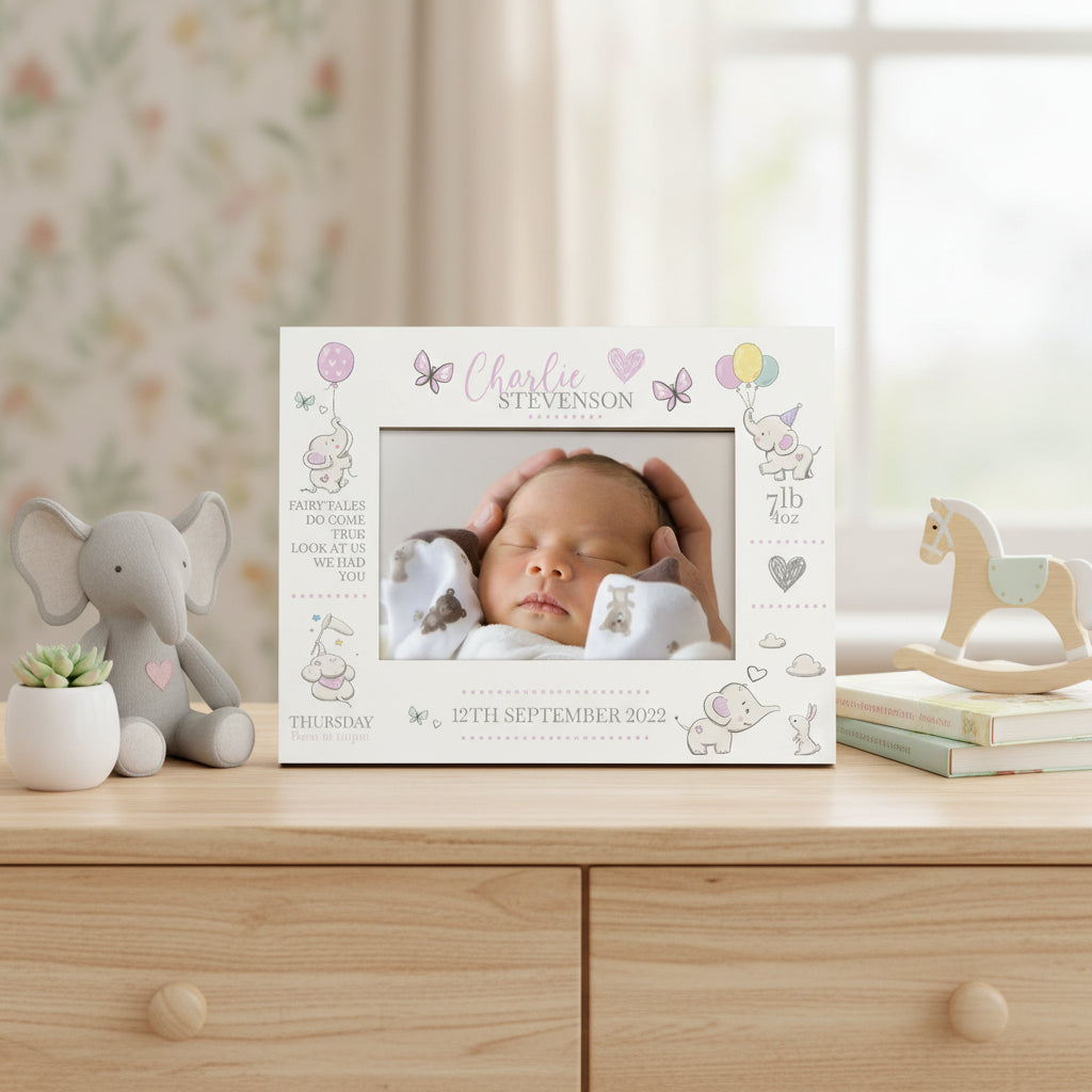 Personalised Baby Girl Photo Frame With Birth Details and Cute Elephant Photo Frame ukgiftstoreonline