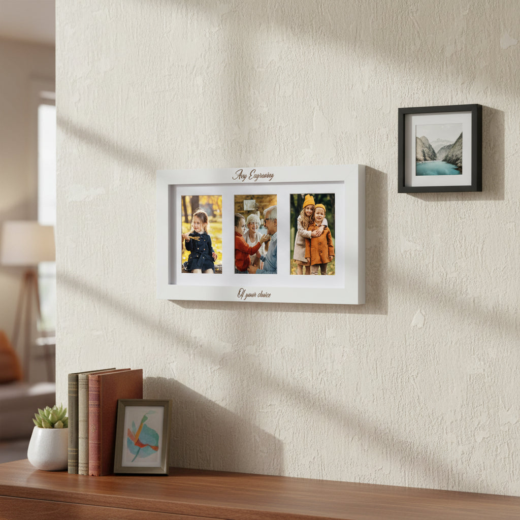 Personalised White Wooden Triple Photo 6 x 4 Frame Custom Engraved Any Message Photo Frame ukgiftstoreonline