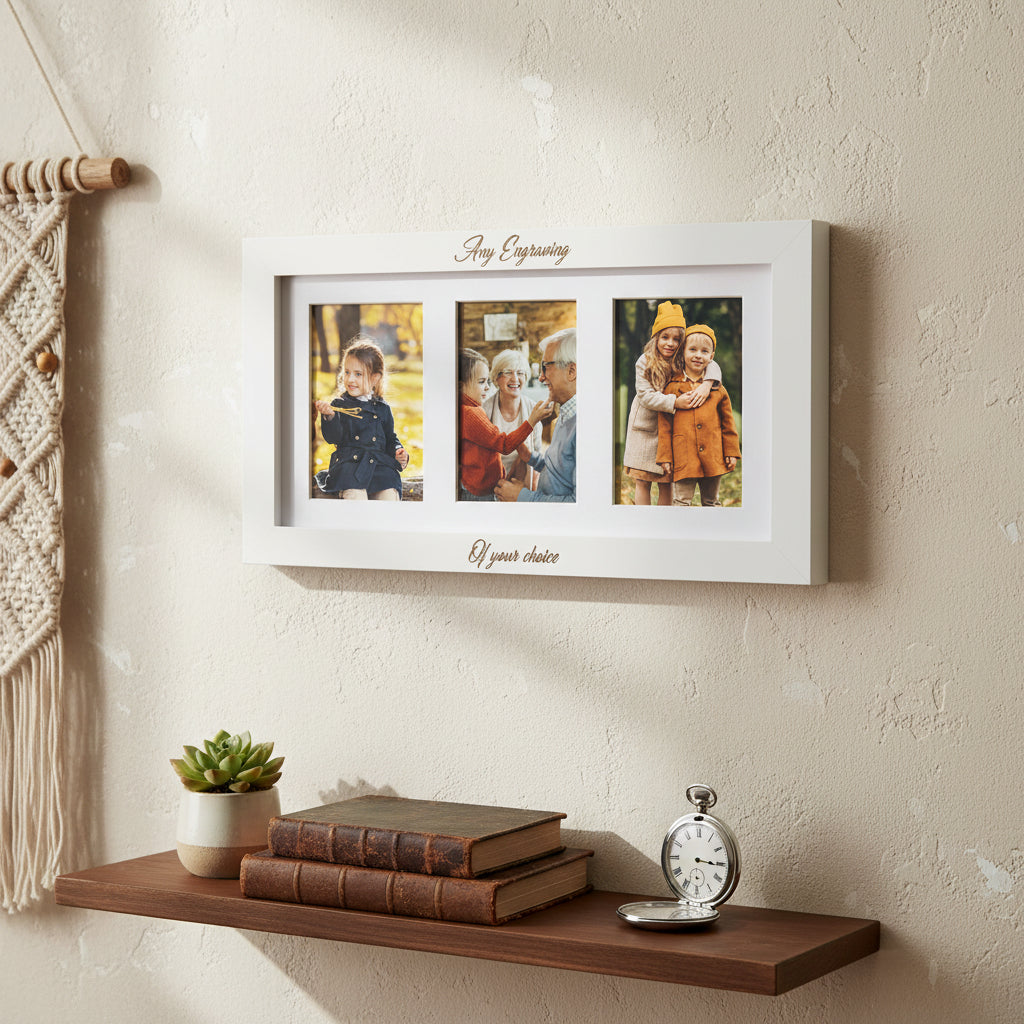 Personalised White Wooden Triple Photo 6 x 4 Frame Custom Engraved Any Message Photo Frame ukgiftstoreonline
