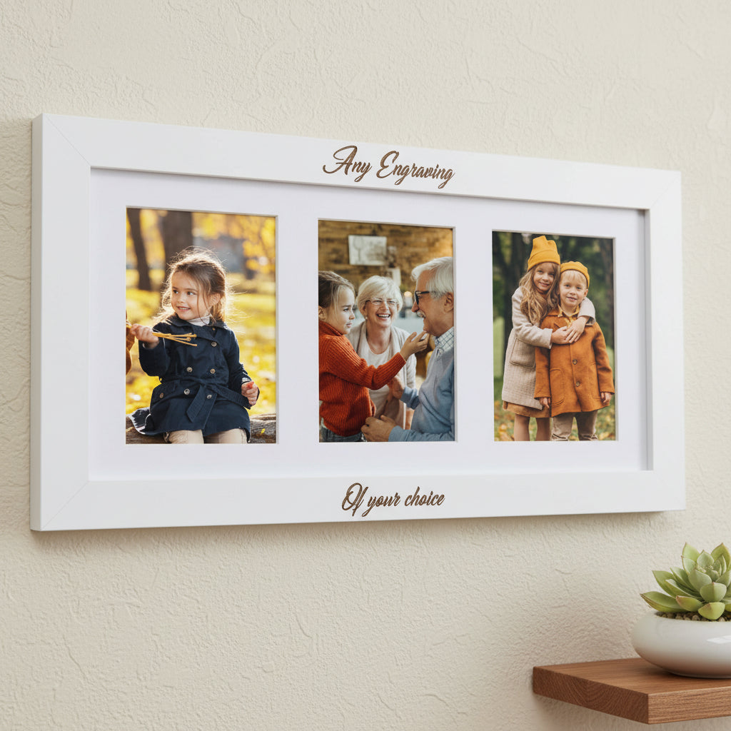 Personalised White Wooden Triple Photo 6 x 4 Frame Custom Engraved Any Message Photo Frame ukgiftstoreonline