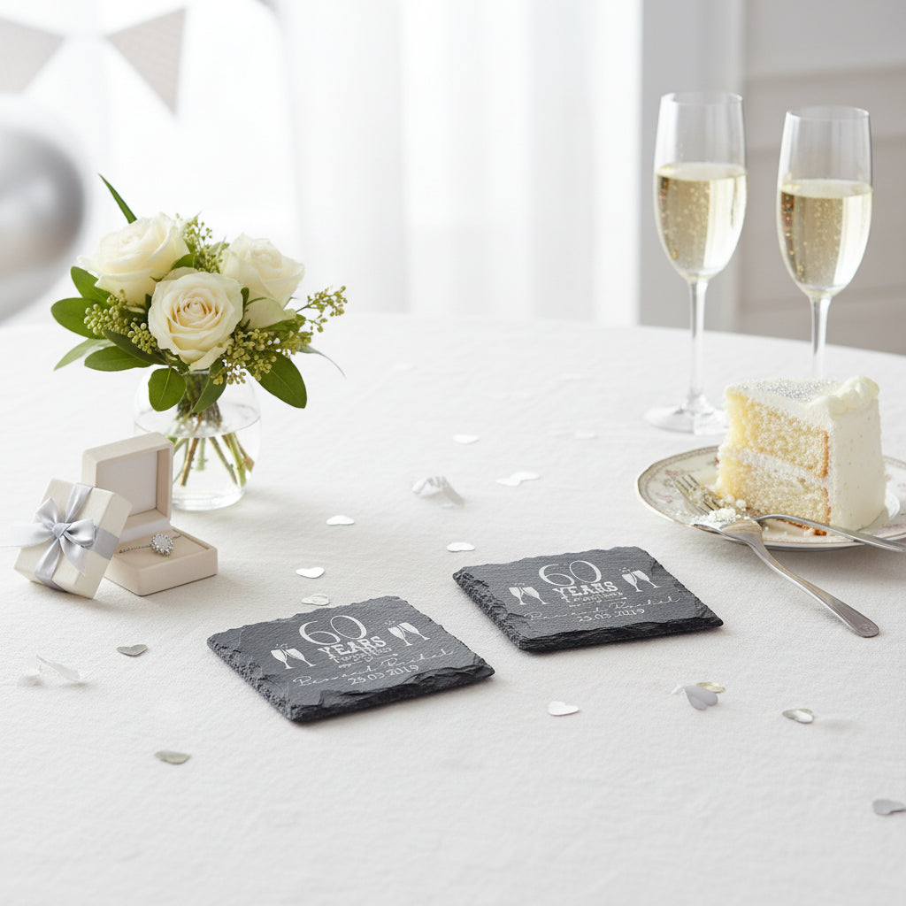 Set Of Two Personalised Wedding Anniversary Engraved Stone Slate Coaster Gift Anniversary Gifts ukgiftstoreonline