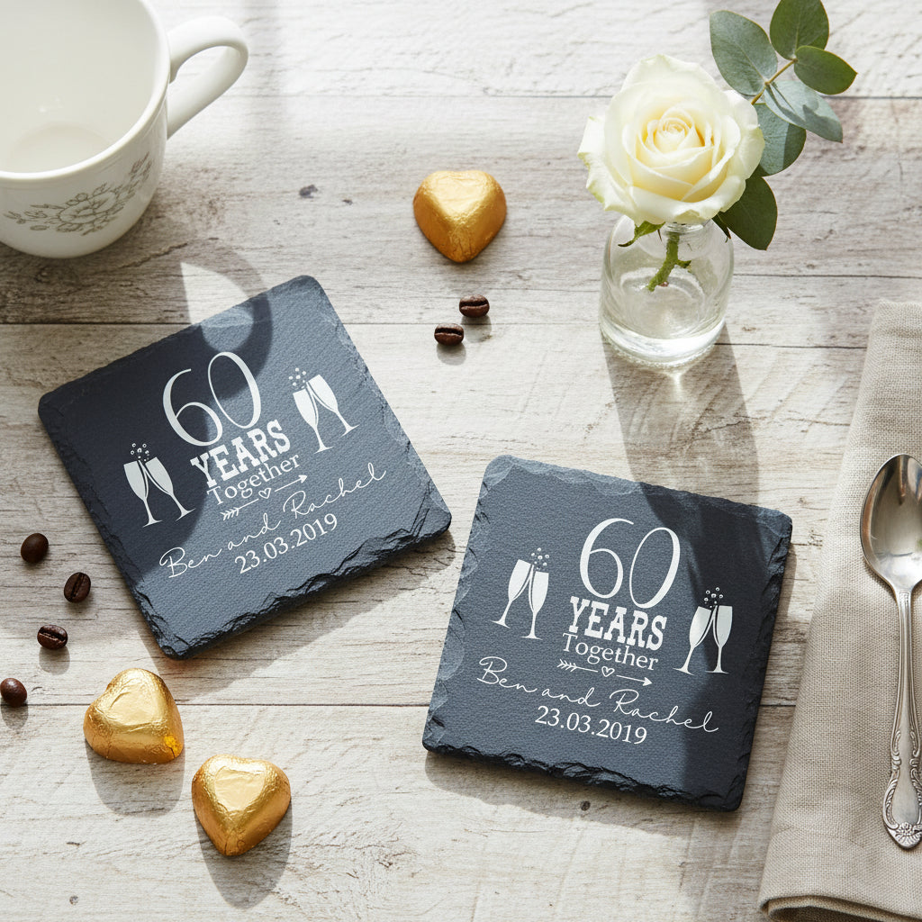 Set Of Two Personalised Wedding Anniversary Engraved Stone Slate Coaster Gift Anniversary Gifts ukgiftstoreonline