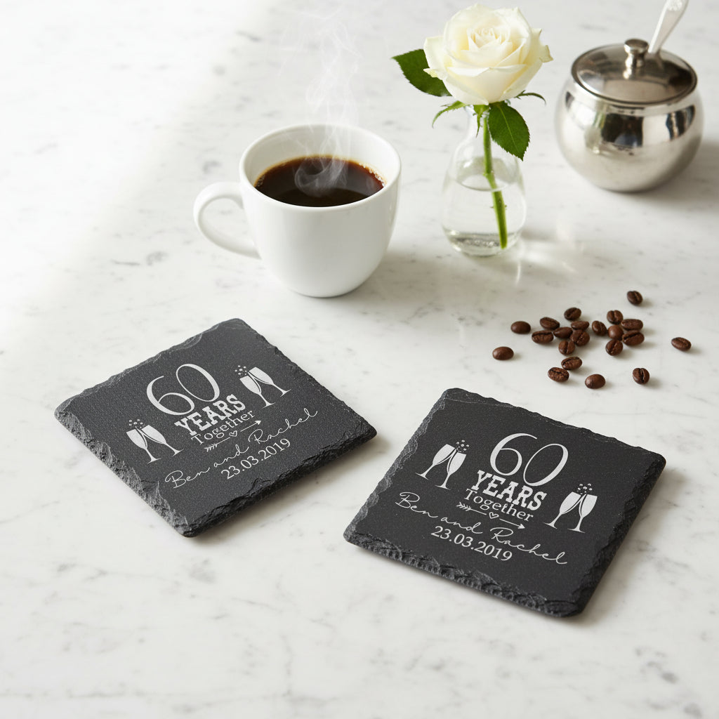 Set Of Two Personalised Wedding Anniversary Engraved Stone Slate Coaster Gift Anniversary Gifts ukgiftstoreonline