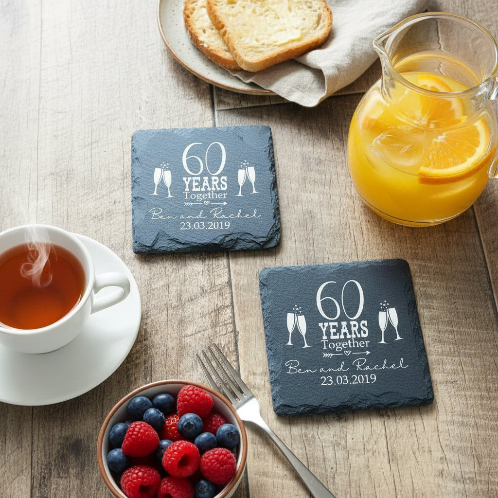 Set Of Two Personalised Wedding Anniversary Engraved Stone Slate Coaster Gift Anniversary Gifts ukgiftstoreonline