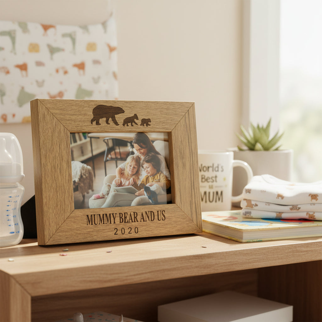 Personalised Mummy Bear and Us Oak Wood Finish Engraved Photo Frame Gift Mummy Photo Frame ukgiftstoreonline