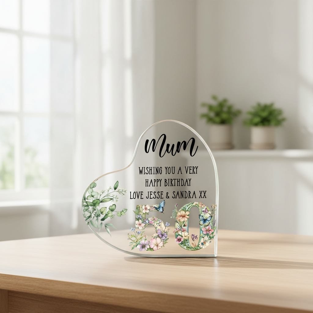 Personalised 50th Birthday Gift Heart Block in Silk Lined Gift Box With Flowers and Butterflies