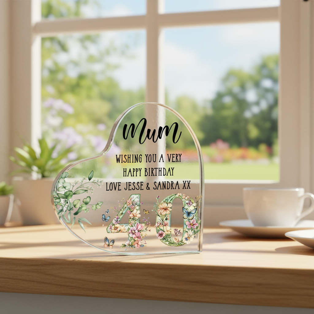 Personalised 40th Birthday Gift Heart Block in Silk Lined Gift Box With Flowers and Butterflies