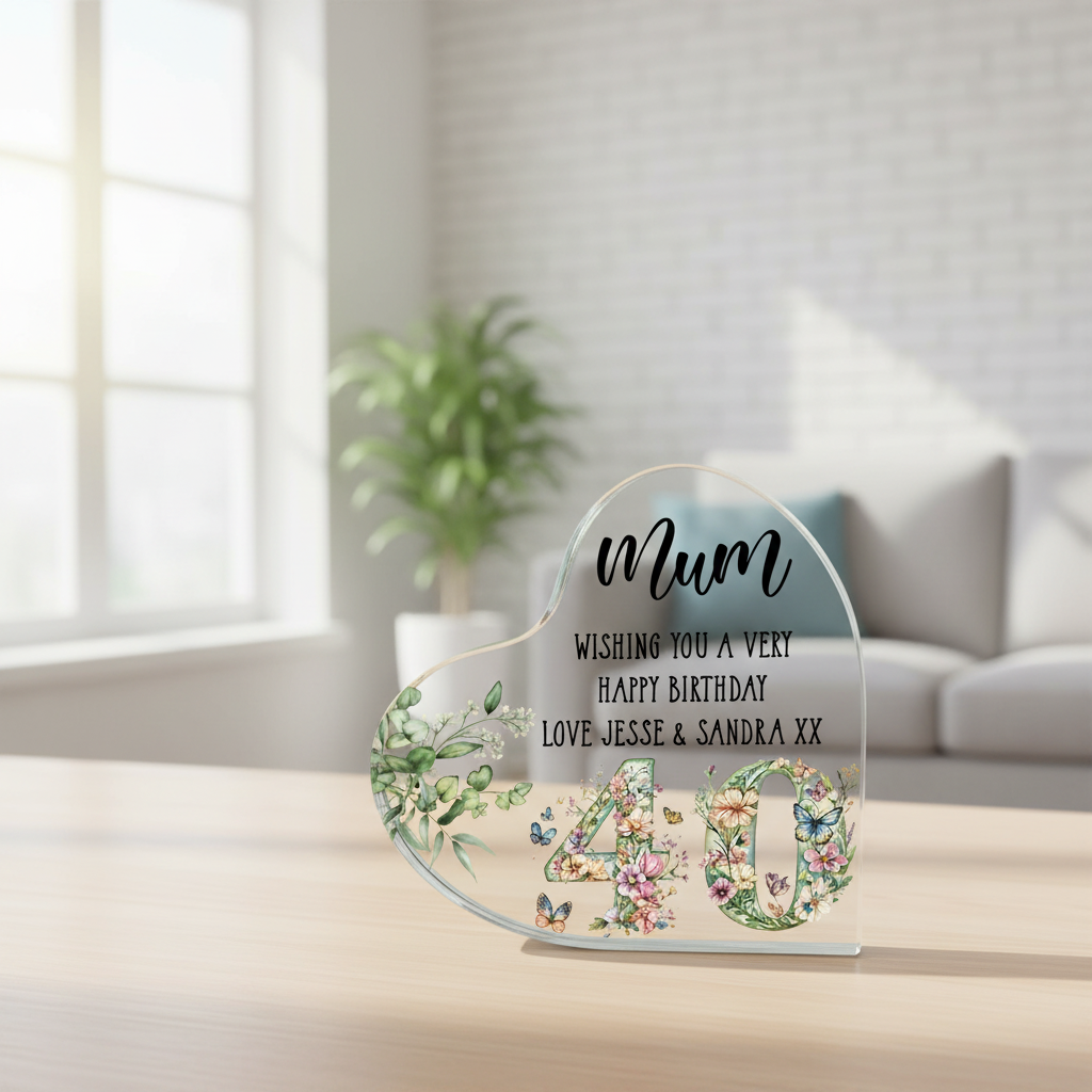 Personalised 40th Birthday Gift Heart Block in Silk Lined Gift Box With Flowers and Butterflies