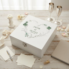 Personalised Luxury Wooden Wedding Box Keepsakes With Green Clover Leaf Heart Keepsake Wooden Box ukgiftstoreonline