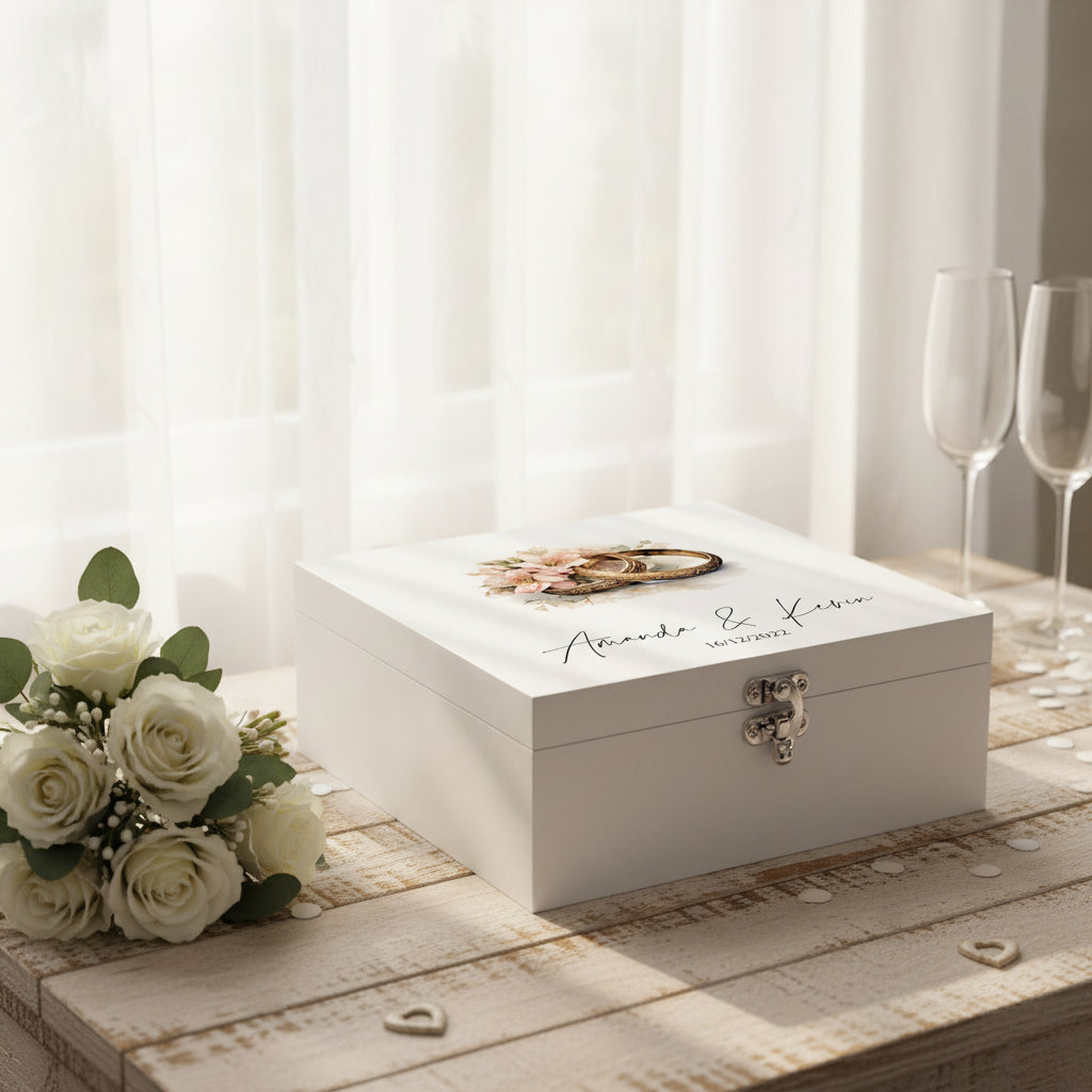 Personalised Luxury Wooden Wedding Box Keepsake With Floral Rings Gift For Couple Keepsake Wooden Box ukgiftstoreonline