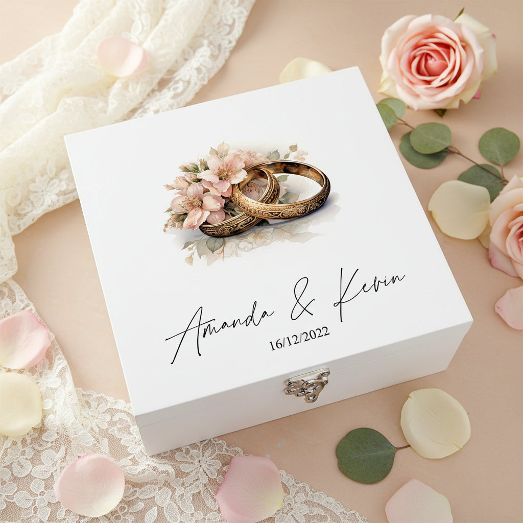 Personalised Luxury Wooden Wedding Box Keepsake With Floral Rings Gift For Couple Keepsake Wooden Box ukgiftstoreonline