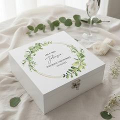 ukgiftstoreonline Personalised Wedding Keepsake Large Wooden Box Eucalyptus & Gold Wreath Keepsake Wooden Box ukgiftstoreonline