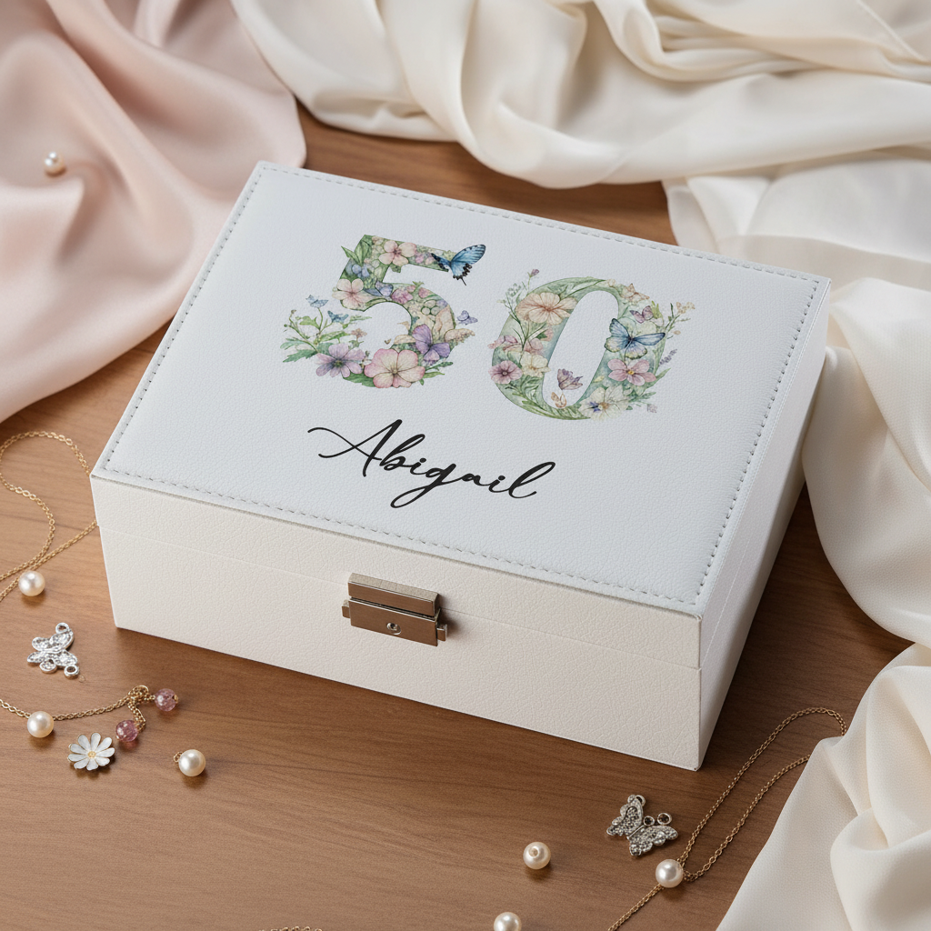 Personalised 50th Birthday Jewellery Box Gift For Her With Butterflies and Flowers