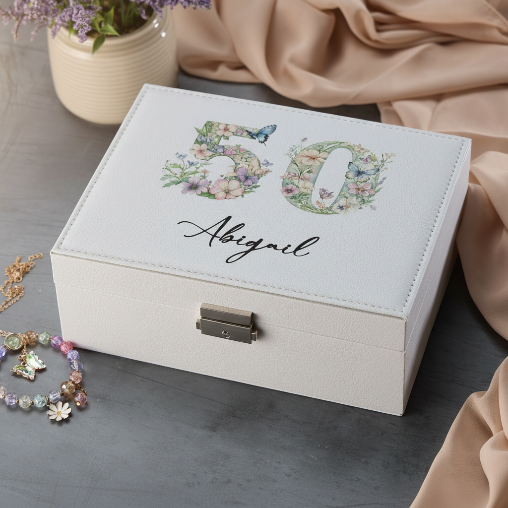 Personalised 50th Birthday Jewellery Box Gift For Her With Butterflies and Flowers