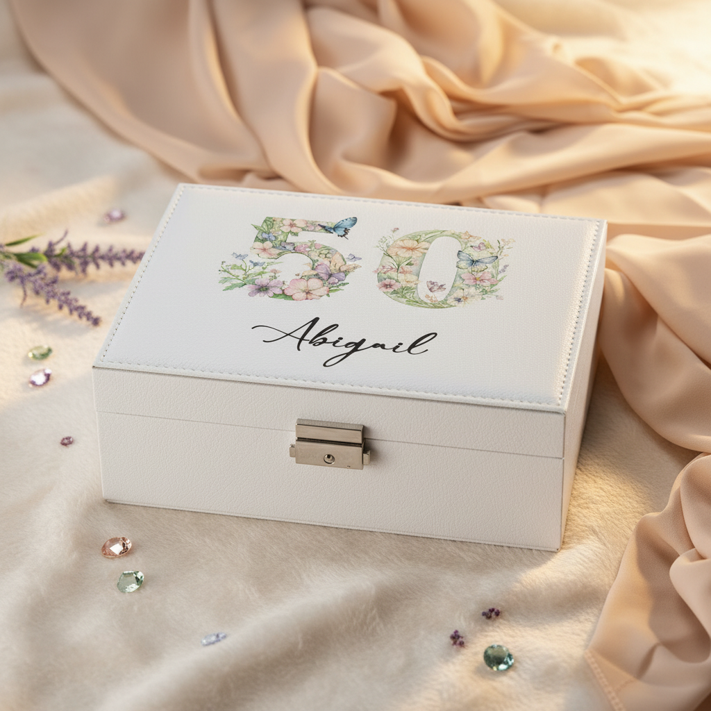 Personalised 50th Birthday Jewellery Box Gift For Her With Butterflies and Flowers