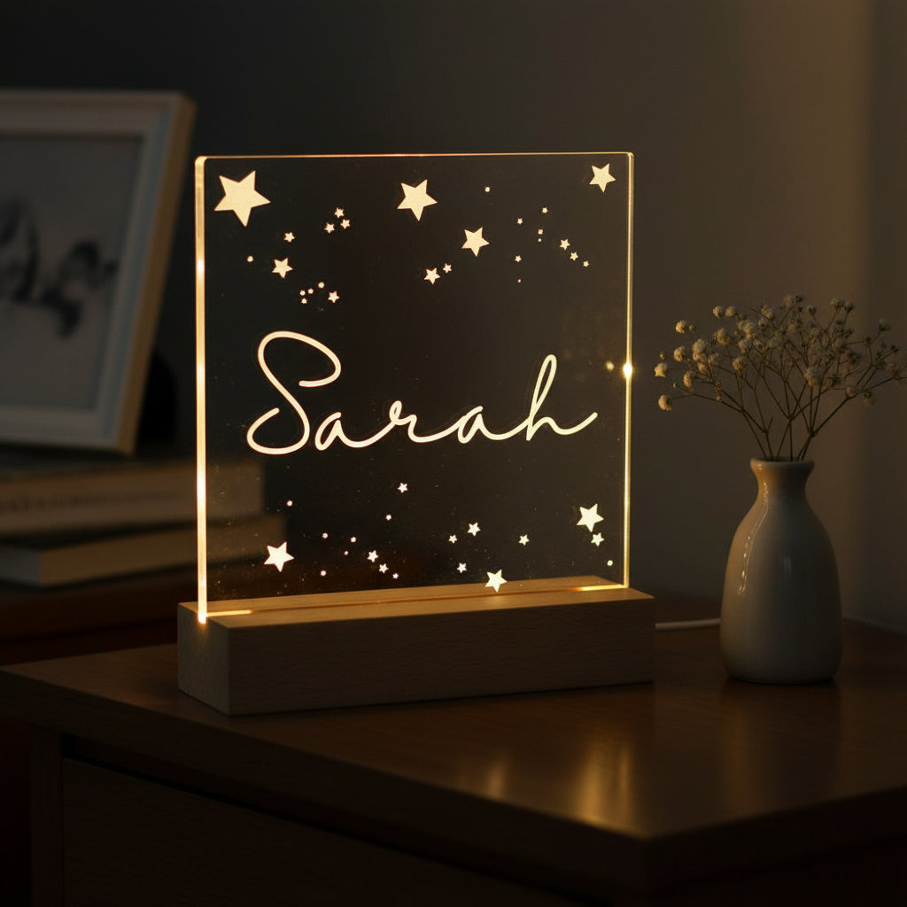 Personalised Name and Stars Gift Night Light LED Lamp Engraved Personalised Lights ukgiftstoreonline
