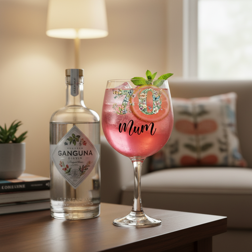 Personalised 70th Birthday Cocktail Gin Glass Gift For Her With Flowers and Butterflies