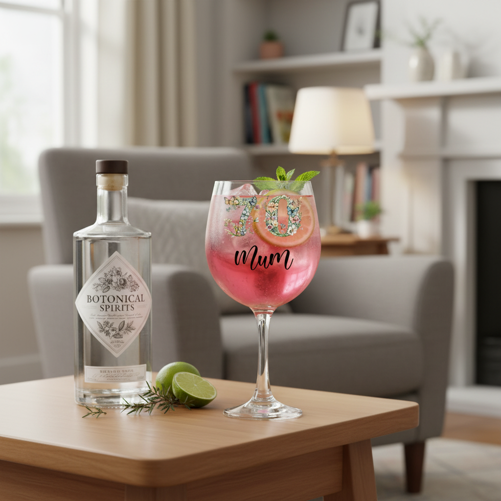 Personalised 70th Birthday Cocktail Gin Glass Gift For Her With Flowers and Butterflies