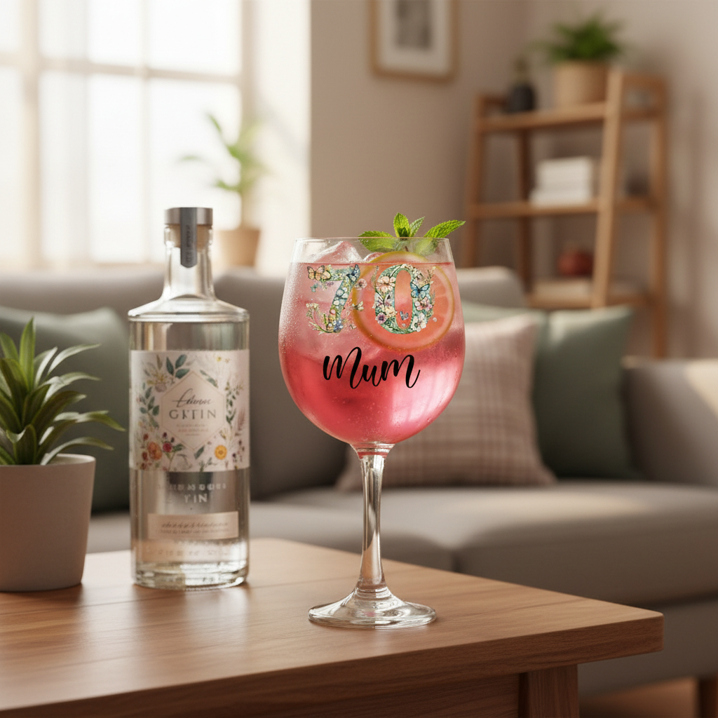 Personalised 70th Birthday Cocktail Gin Glass Gift For Her With Flowers and Butterflies