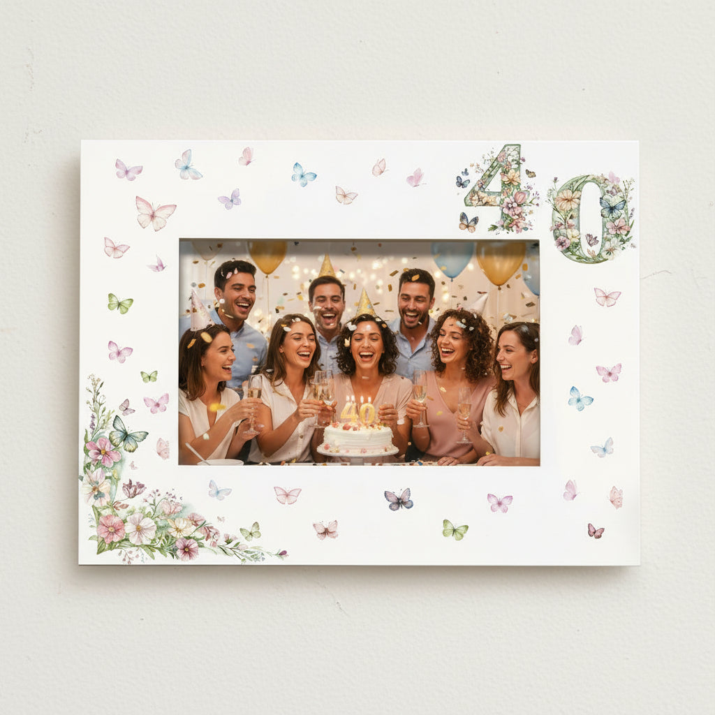 40th Birthday Photo Picture Frame Gift For Her With Butterflies and Flowers Photo Frame ukgiftstoreonline