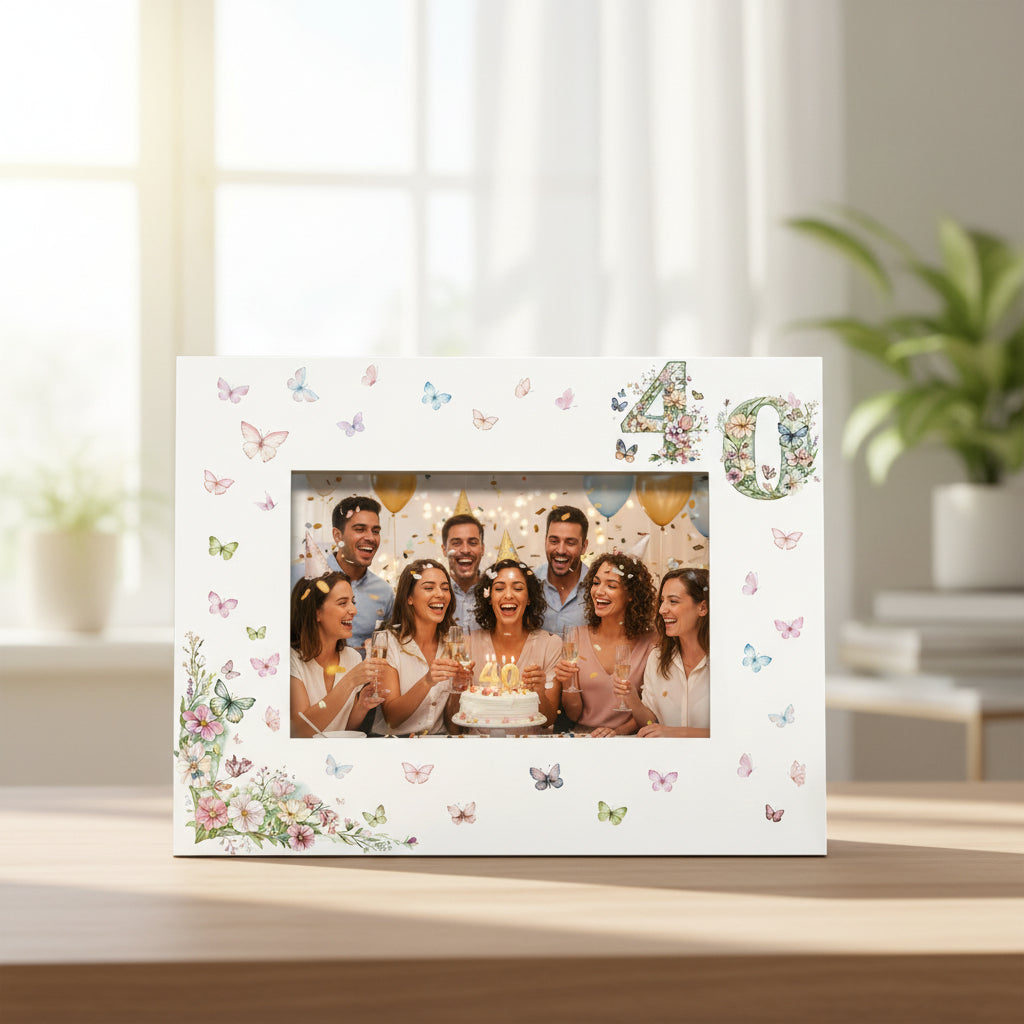 40th Birthday Photo Picture Frame Gift For Her With Butterflies and Flowers Photo Frame ukgiftstoreonline