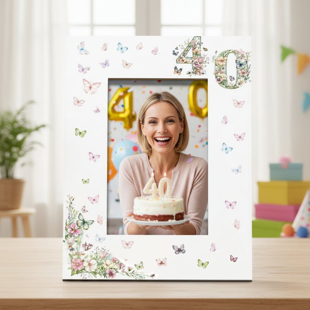 40th Birthday Photo Picture Frame Gift For Her With Butterflies and Flowers Photo Frame ukgiftstoreonline Portrait